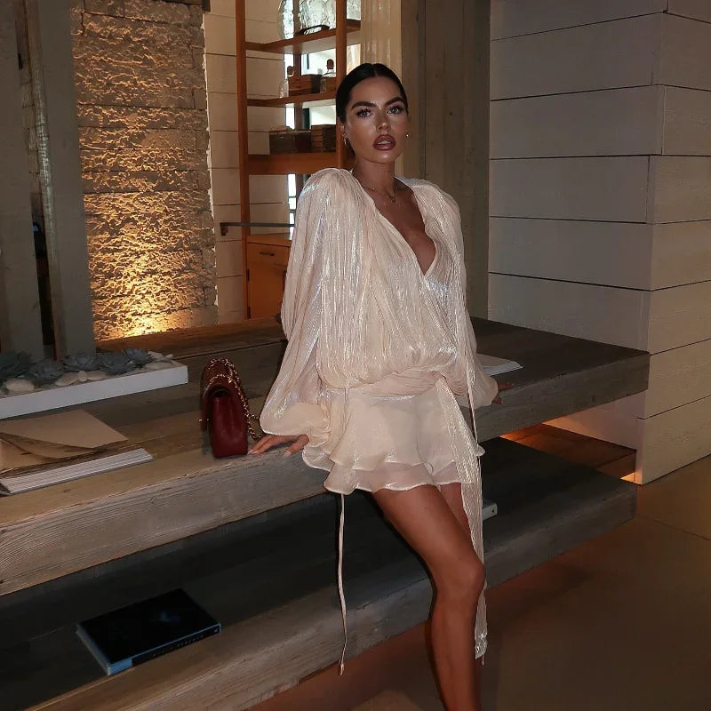 Fashion Solid Mesh Long Sleeved Backless Pleated Prom Dresses Chic Ruffle Bow Lace Up Women Mini Dresses Lady Spring Party Robe