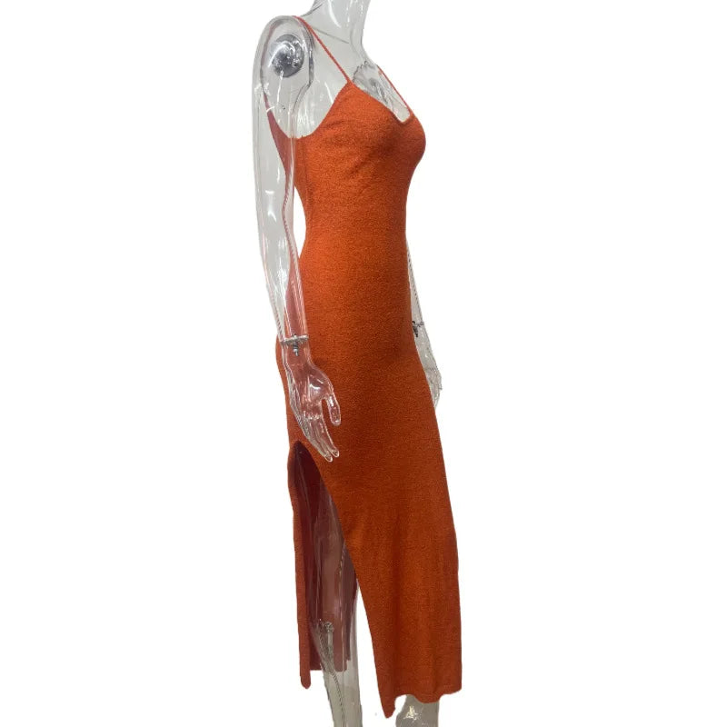 Cryptographic Elegant Knitted Slit Long Dress Outfits for Women Summer Beachwear Holiday Sleeveless Backless Dresses See Through