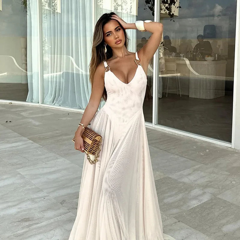 DGLUKE Transparent Mesh Maxi Dress With Bodysuit Plunging Backless Long Summer Dress Women Sexy Beach Party Dresses