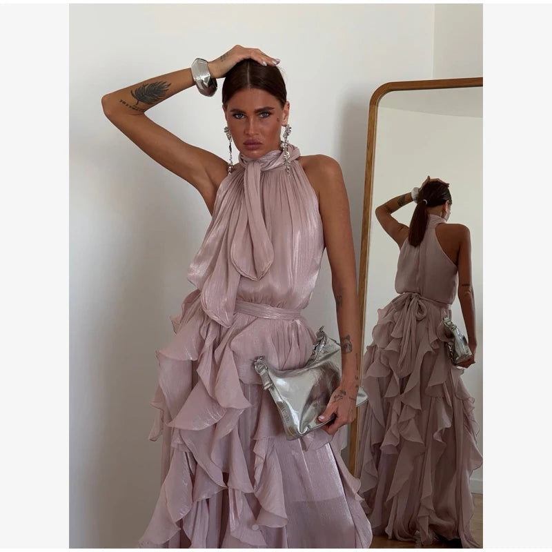Women Solid Halter Neck Ruffle Long Dress Elegant Sleeveless Chiffon Tiered Waist Cinching Maxi Dresses 2026 New Street Vestidos