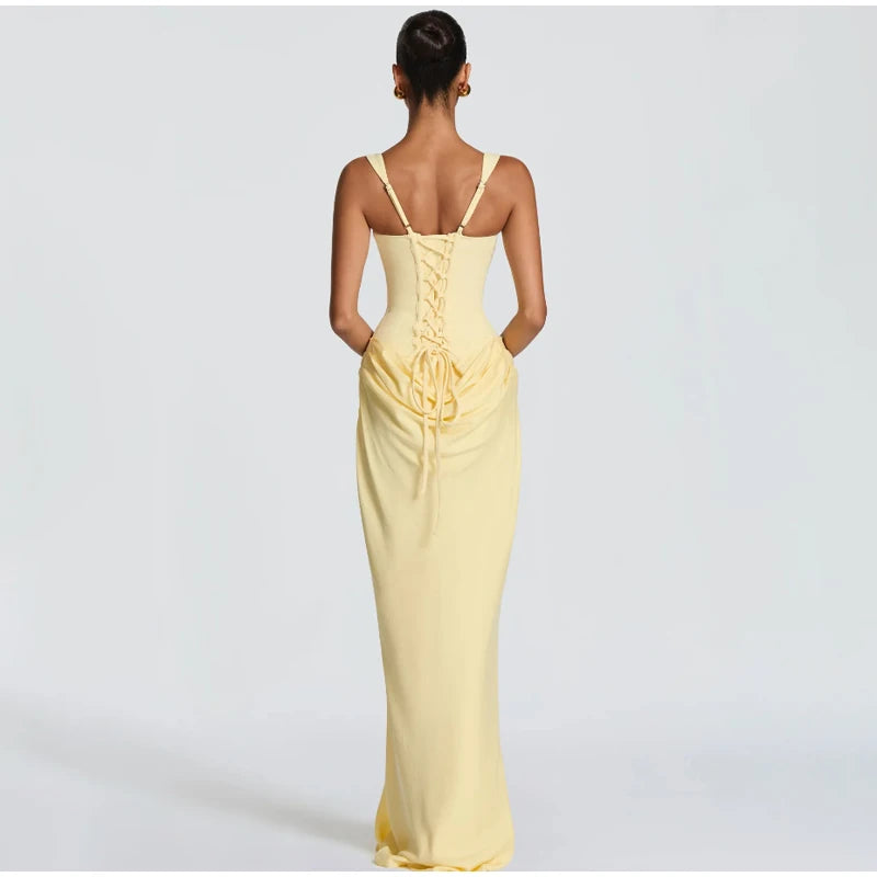 Yellow Strapless Pleated Women Split Maxi Dress Elegant Sleeveless Waist Cinching Slim Fit Dresses 2026 Lady Daily Party Gowns
