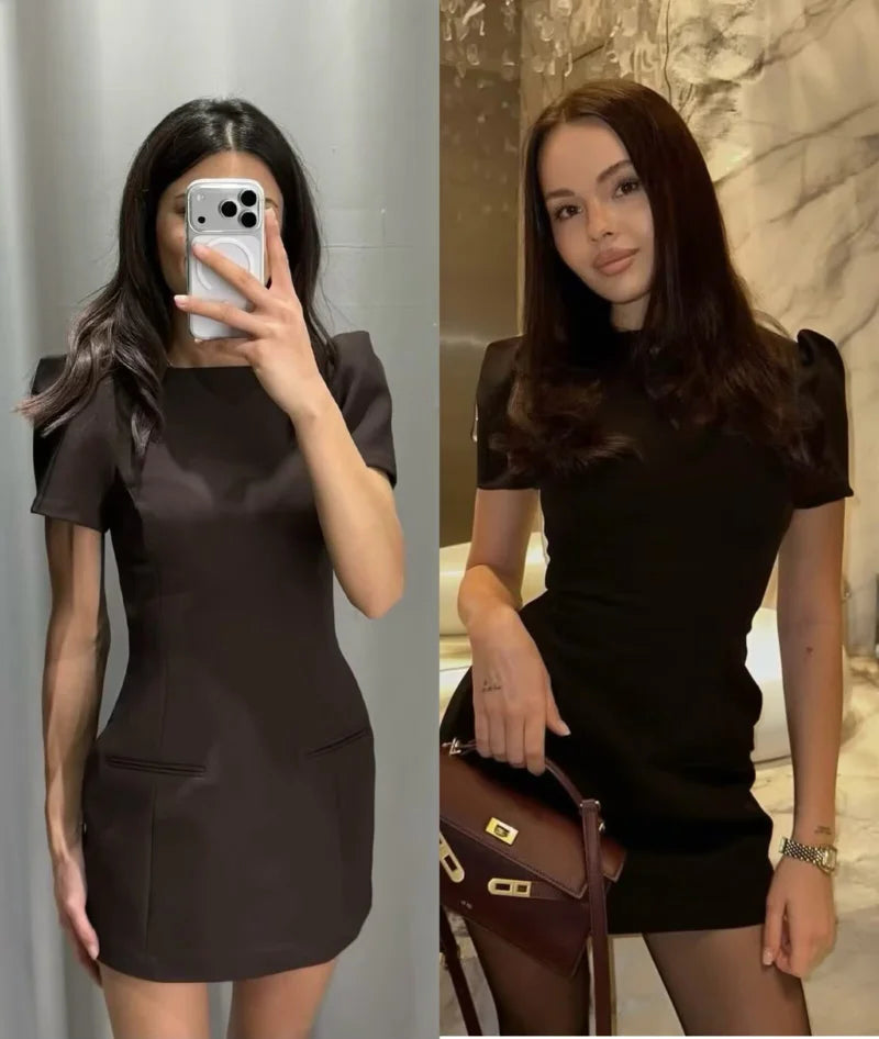 ETJ 2025 women's new products are elegant and stylish Short dress with a boat neck and short sleeves with pleats  black dress