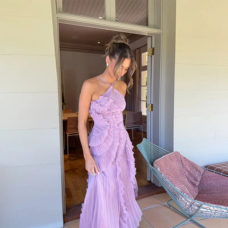 Elegant Women Lotus Edge Maxi Dress Slim Fit Backless Lace Up Halter Dresses Sleeveless Party Vacation Gowns