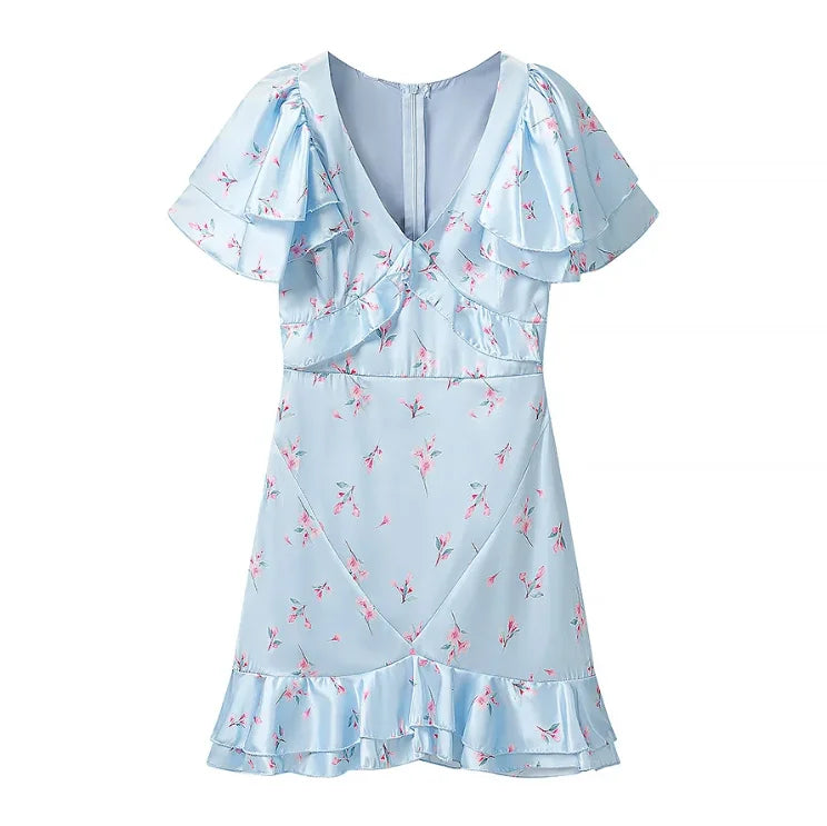 Floral Print V-neck Cinched Waist Dress Women Chic Layered Ruffle Hem Short Sleeved High-waist Dresses 2026 New Street Vestidos