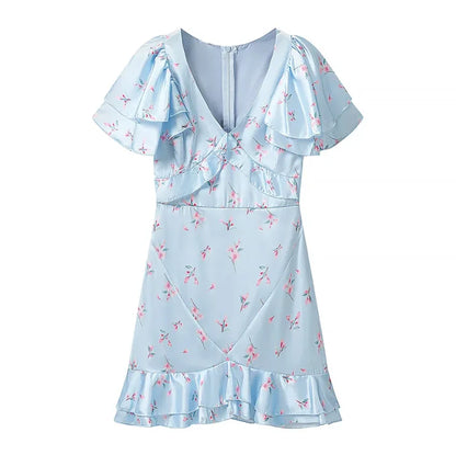 Floral Print V-neck Cinched Waist Dress Women Chic Layered Ruffle Hem Short Sleeved High-waist Dresses 2026 New Street Vestidos