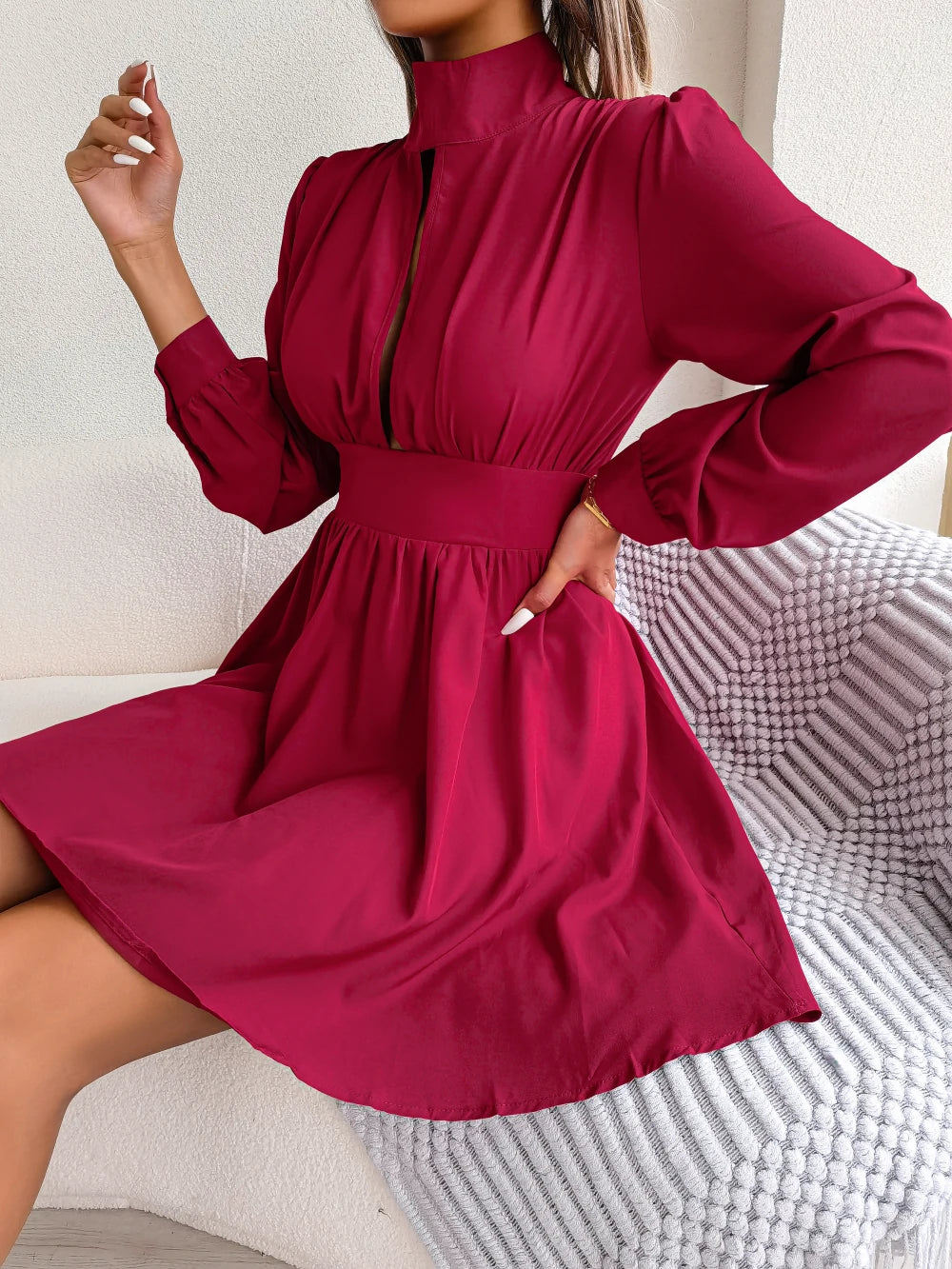 Women Autumn Casual Solid Hollow Out Long Sleeve A Line Dress 2026 Fashion Elegant Dresses Red Black White Sexy Woman Clothing