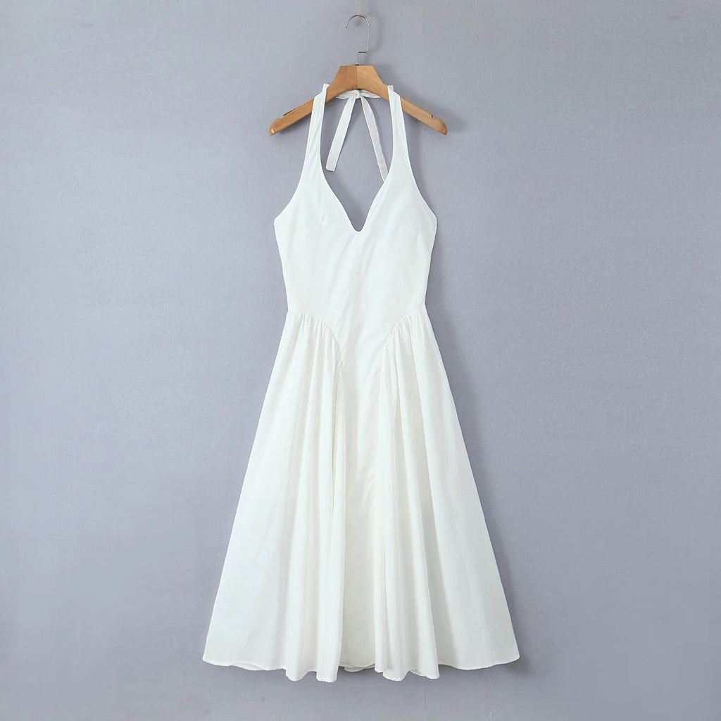 YENKYE Sexy Backless Green Elegant Halter Dress For Women Low Waist A-line Midi Summer Evening Party Dresses Cotton Robe