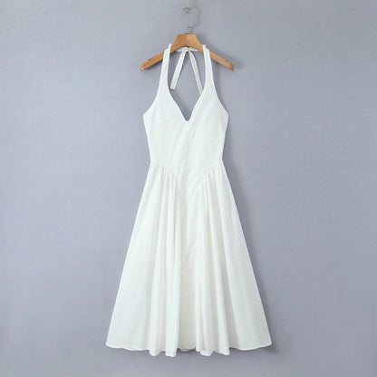 YENKYE Sexy Backless Green Elegant Halter Dress For Women Low Waist A-line Midi Summer Evening Party Dresses Cotton Robe