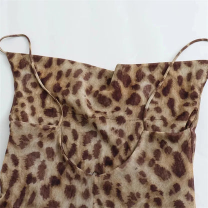 MUJER Leopard Print Tulle Slip Dress Woman Backless Summer Long Dresses For Women Vintage Sexy Party Dresses Midi Holiday Dress