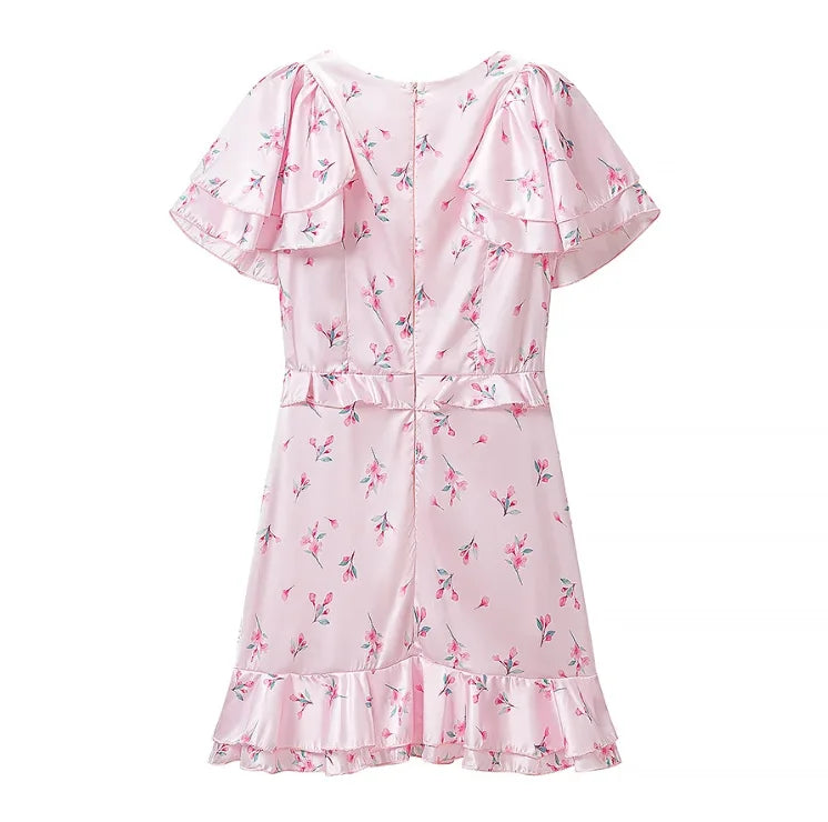 Floral Print V-neck Cinched Waist Dress Women Chic Layered Ruffle Hem Short Sleeved High-waist Dresses 2026 New Street Vestidos