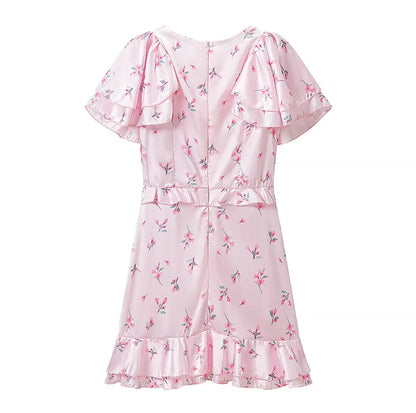 Floral Print V-neck Cinched Waist Dress Women Chic Layered Ruffle Hem Short Sleeved High-waist Dresses 2026 New Street Vestidos