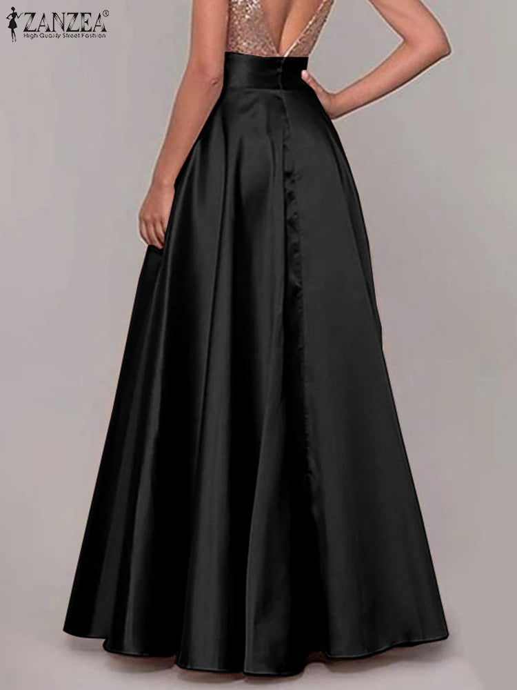 ZANZEA Women Satin Silk Black Maxi Long Skirts Elegant Luxury High Waisted A-Line Party Jupe Femme with Back Zipper Faldas Mujer