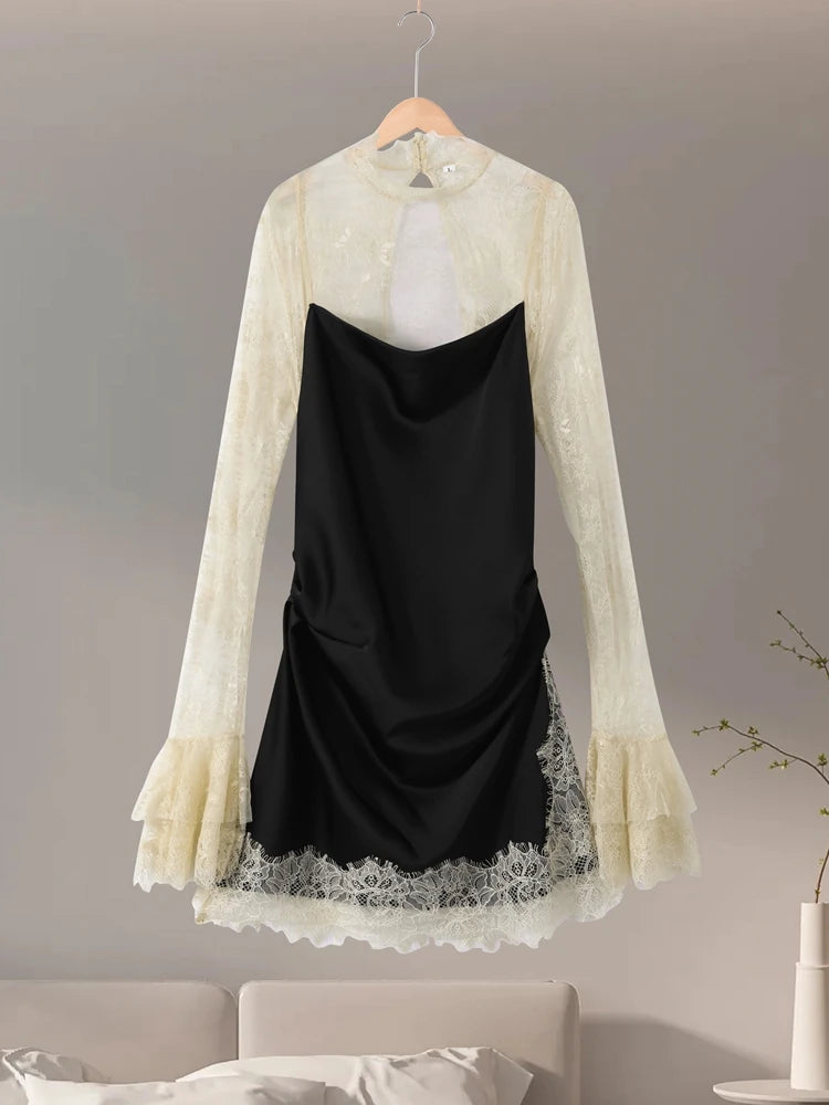 Lace Patchwork Panelled Short Dress Women Sexy Hollow Out Flare Long Sleeve Pleat Party Evening Dresses Charming Ladies Clubwear