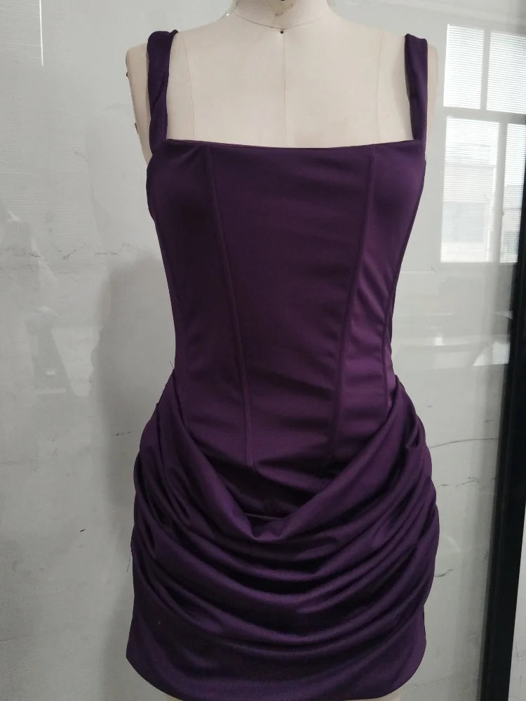 Sexy Square-neck Halter Mini Dress Women Pleated Sleeveless Backless High Waist Bodycon Dresses 2026 New Summer Lady Party Robe