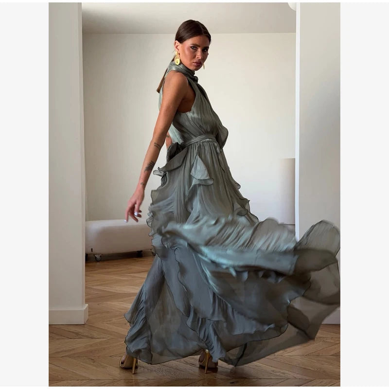 Women Solid Halter Neck Ruffle Long Dress Elegant Sleeveless Chiffon Tiered Waist Cinching Maxi Dresses 2026 New Street Vestidos