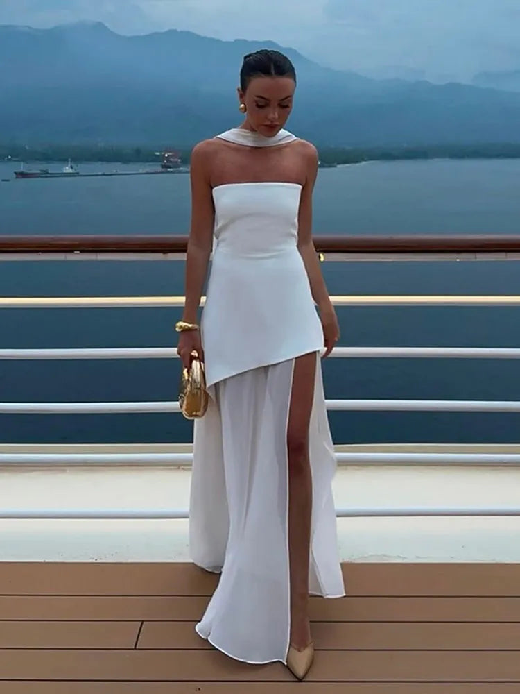 Fashion Contrast Women's V-neck Sling Long Dress For Women Elegant Pleated Backless Sleveless Maxi Dresses Lady Evening Vestidos