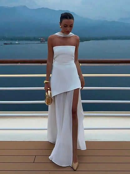 Fashion Contrast Women's V-neck Sling Long Dress For Women Elegant Pleated Backless Sleveless Maxi Dresses Lady Evening Vestidos