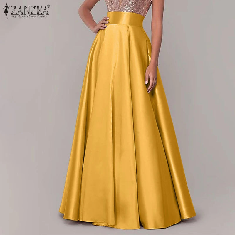 ZANZEA Women Satin Silk Black Maxi Long Skirts Elegant Luxury High Waisted A-Line Party Jupe Femme with Back Zipper Faldas Mujer