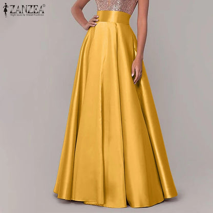 ZANZEA Women Satin Silk Black Maxi Long Skirts Elegant Luxury High Waisted A-Line Party Jupe Femme with Back Zipper Faldas Mujer