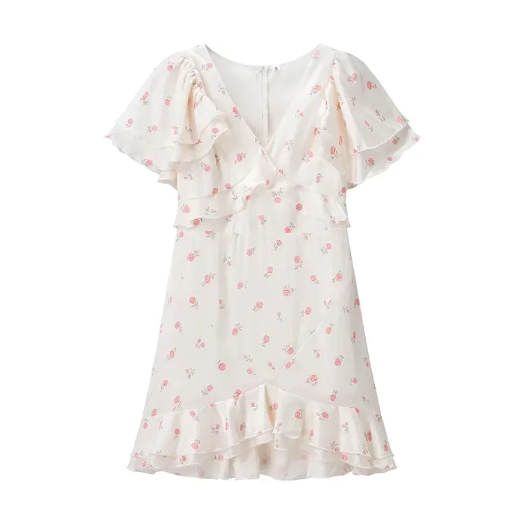 Floral Print V-neck Cinched Waist Dress Women Chic Layered Ruffle Hem Short Sleeved High-waist Dresses 2026 New Street Vestidos
