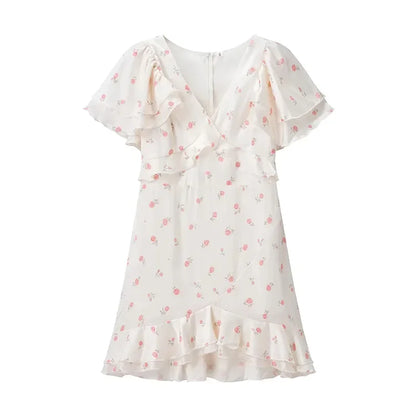 Floral Print V-neck Cinched Waist Dress Women Chic Layered Ruffle Hem Short Sleeved High-waist Dresses 2026 New Street Vestidos