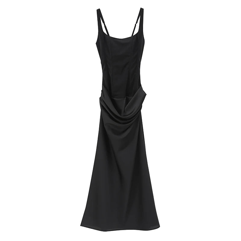 Solid Pleated Sling Dress Square Neck Sleeveless Off-shoulder Waist Cinching Slim Women Dresses Fashion Evening Party Gowns 2025