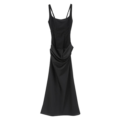 Solid Pleated Sling Dress Square Neck Sleeveless Off-shoulder Waist Cinching Slim Women Dresses Fashion Evening Party Gowns 2025