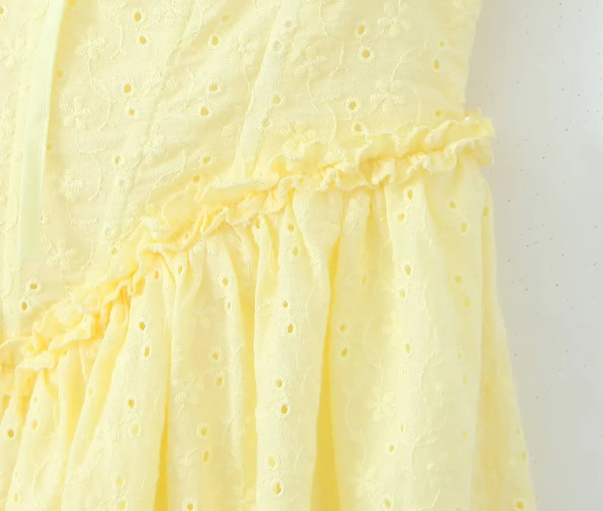 YENKYE Sexy Elegant Women Hollow Out Embroidery Yellow Sling Mini Dress Low Waist Lace Up Bandage Party Dresses Birthday Robe