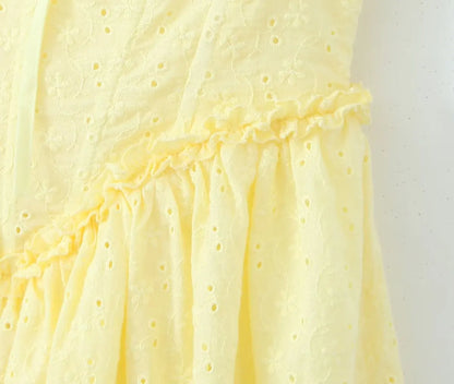 YENKYE Sexy Elegant Women Hollow Out Embroidery Yellow Sling Mini Dress Low Waist Lace Up Bandage Party Dresses Birthday Robe