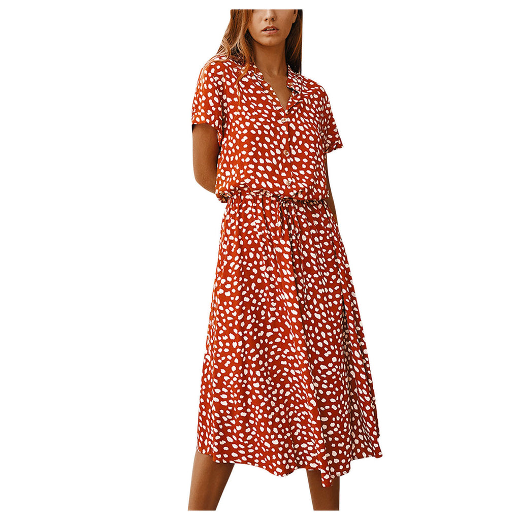 Summer Dresses Women Summer Polka Dot Printing Dresses With Buttons Short Sleeves Drawstring High Waist Dress Vestidos 2023