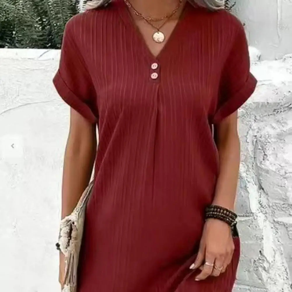 Summer Women Dress V Neck Button Short Sleeves Loose Casual Loose Fit Button Dress Summer Loose Lady Short Dress Women Dresses