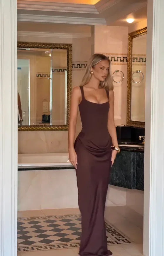 Solid Pleated Sling Dress Square Neck Sleeveless Off-shoulder Waist Cinching Slim Women Dresses Fashion Evening Party Gowns 2025