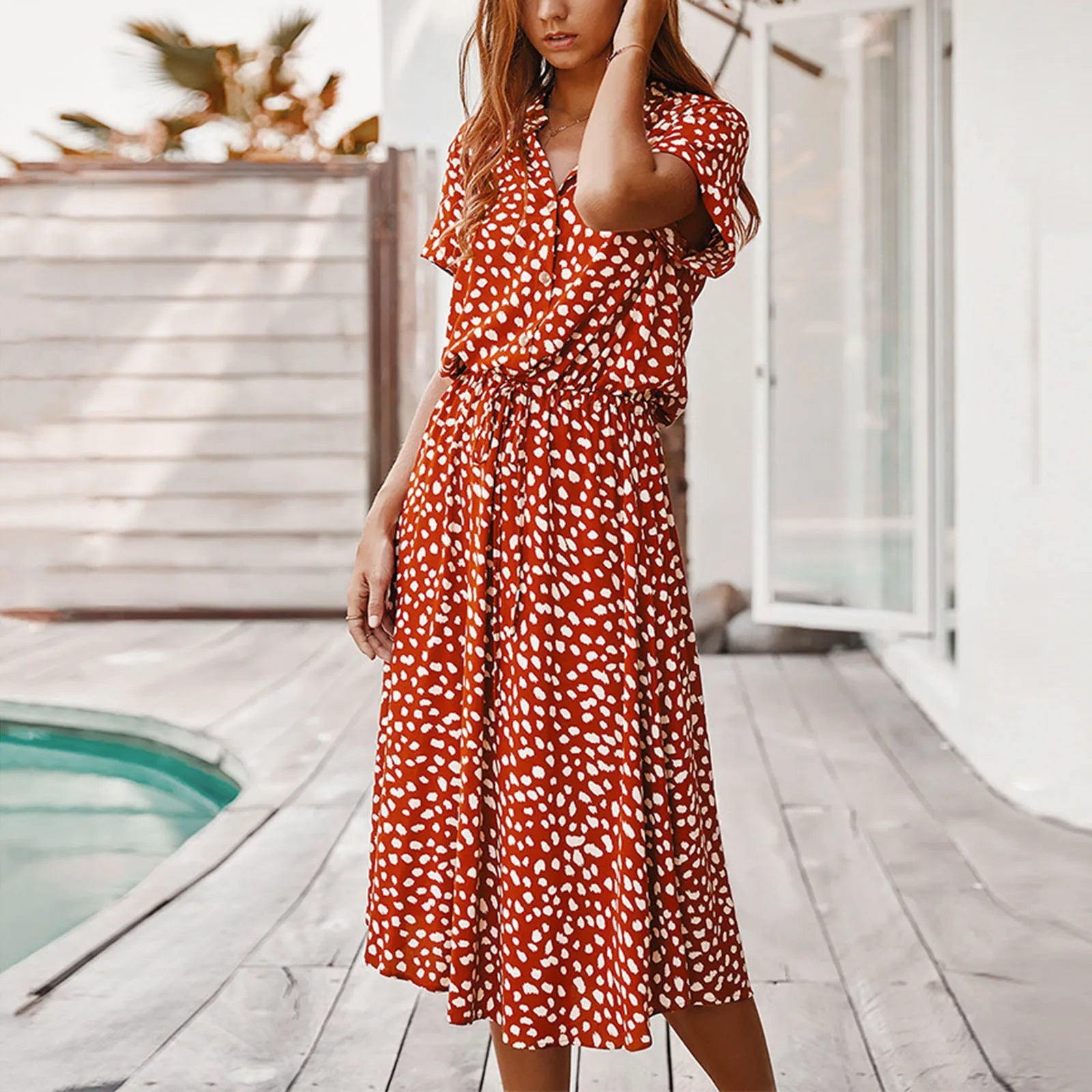 Summer Dresses Women Summer Polka Dot Printing Dresses With Buttons Short Sleeves Drawstring High Waist Dress Vestidos 2023