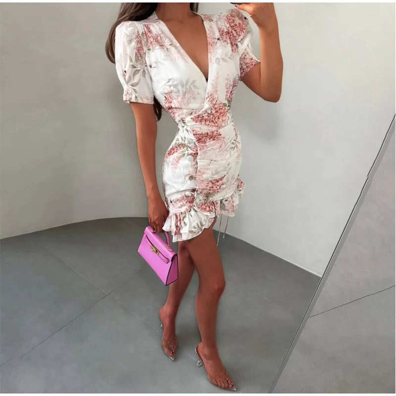 Floral Print V-neck Cinched Waist Dress Women Chic Layered Ruffle Hem Short Sleeved High-waist Dresses 2026 New Street Vestidos