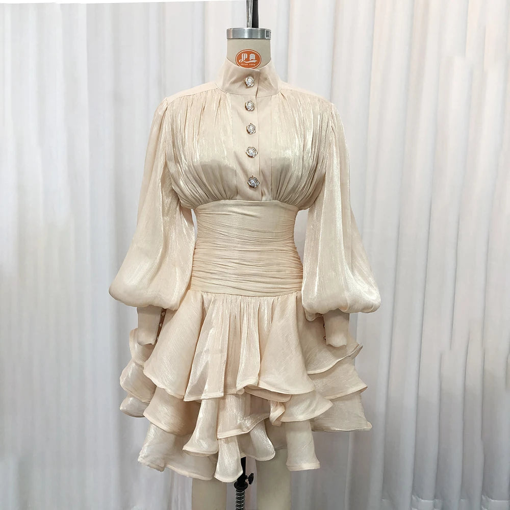 TWOTWINSTYLE Solid Spliced Ruffles Folds Elegant Dresses for Women Stand Neck Long Sleevs Tunic Temperament Dress Female Fashion