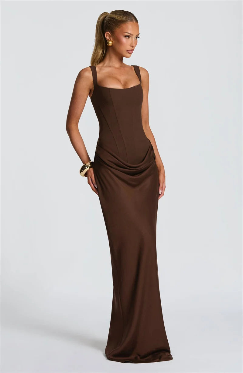 Mozision Elegant Backless Sexy Maxi Dress Women Gown Fashion Square Collar Sleeveless Skinny Ruched Club Party Long Dresses