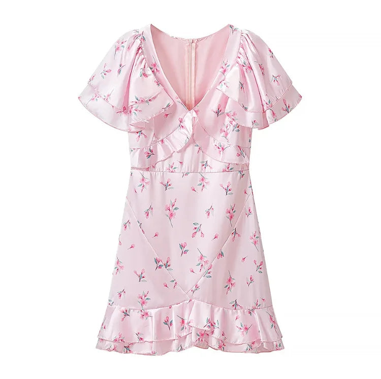 Floral Print V-neck Cinched Waist Dress Women Chic Layered Ruffle Hem Short Sleeved High-waist Dresses 2026 New Street Vestidos