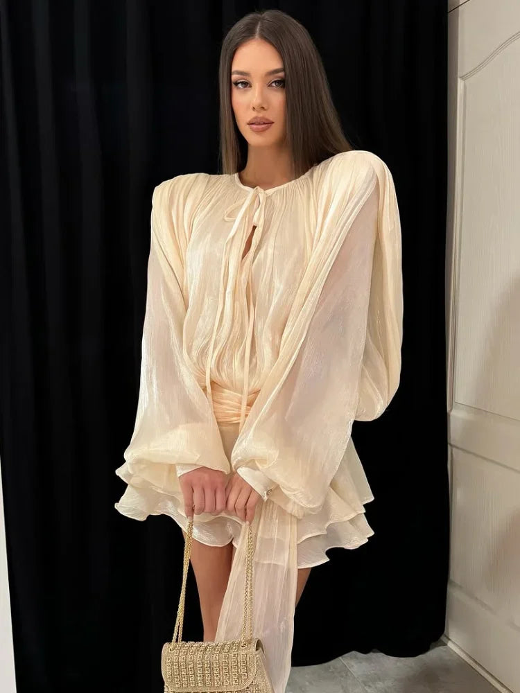 Fashion Solid Mesh Long Sleeved Backless Pleated Prom Dresses Chic Ruffle Bow Lace Up Women Mini Dresses Lady Spring Party Robe