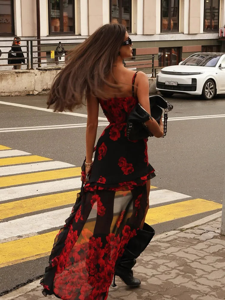 CNYISHE Camisoles Mesh Patchwork Prints Sheer Irregular hemline Trendy Chic Sheath Women Dresses Sexy Club Streetwear Female