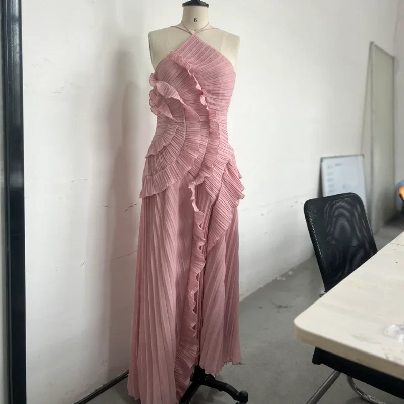 Elegant Women Lotus Edge Maxi Dress Slim Fit Backless Lace Up Halter Dresses Sleeveless Party Vacation Gowns