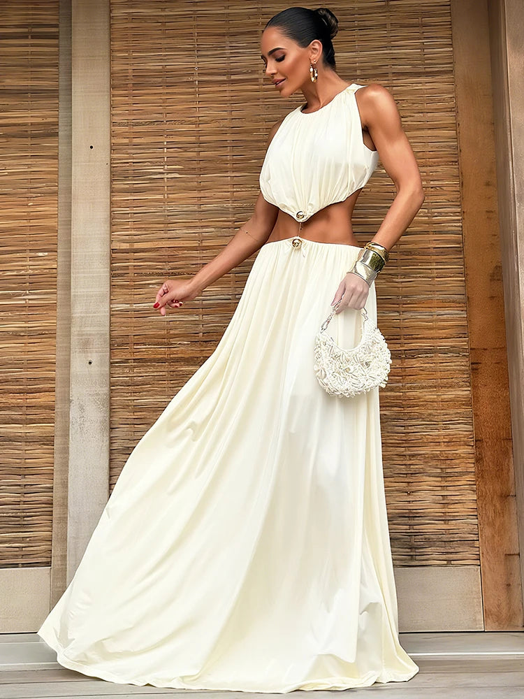 kliou Shirring Waistless Women Maxi Dresses Hipster Simple Sleeveless Splice O-neck Sheath Straight Robe Female Evening Frock