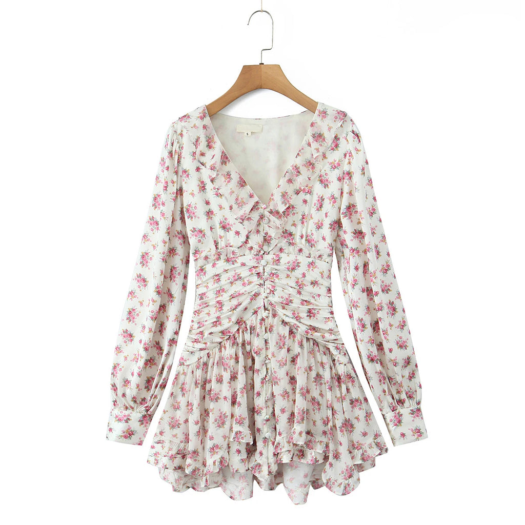 Boho Floral Print Ruffle Mini Dress Women Front Button Long Sleeve V Neck Spring Dresses 2025 Holiday Robe Short Vestidos
