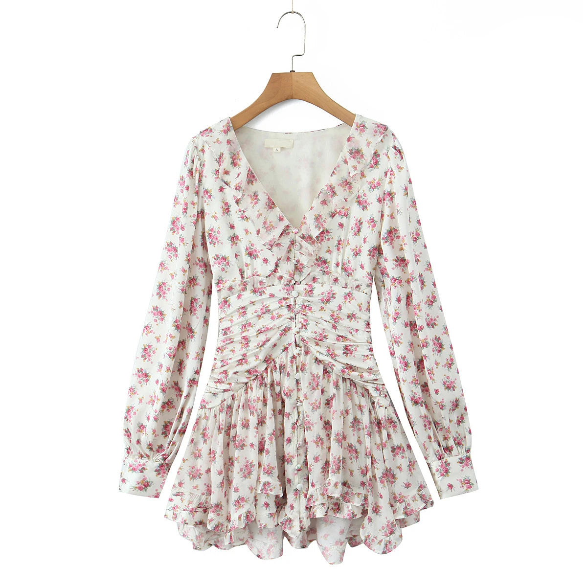 Boho Floral Print Ruffle Mini Dress Women Front Button Long Sleeve V Neck Spring Dresses 2025 Holiday Robe Short Vestidos
