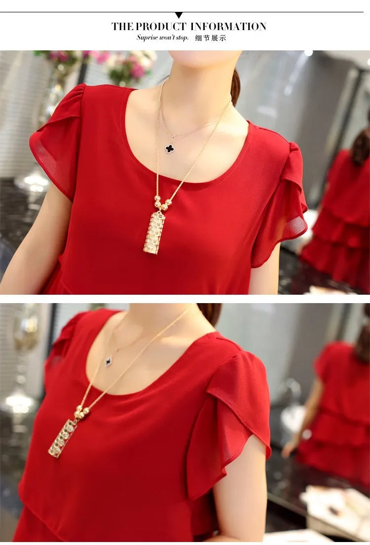 2026 Dress For Women Summer Wave Cut Ruffle Sweet Solid Short Sleeve Slim Dresses Lady Casual All-match Vestido O-Neck Chiffon