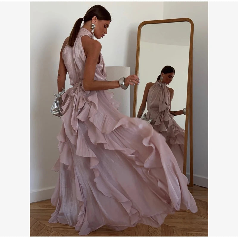 Women Solid Halter Neck Ruffle Long Dress Elegant Sleeveless Chiffon Tiered Waist Cinching Maxi Dresses 2026 New Street Vestidos