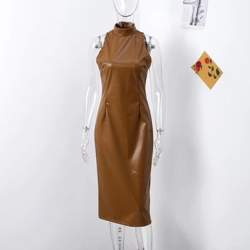 Vintage Midi Leather Dress Women Slim Turtleneck Sleeveless Hip Package Female Dresses 2025 Autumn Lady Elegant Party Vestidos