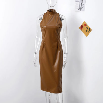 Vintage Midi Leather Dress Women Slim Turtleneck Sleeveless Hip Package Female Dresses 2025 Autumn Lady Elegant Party Vestidos