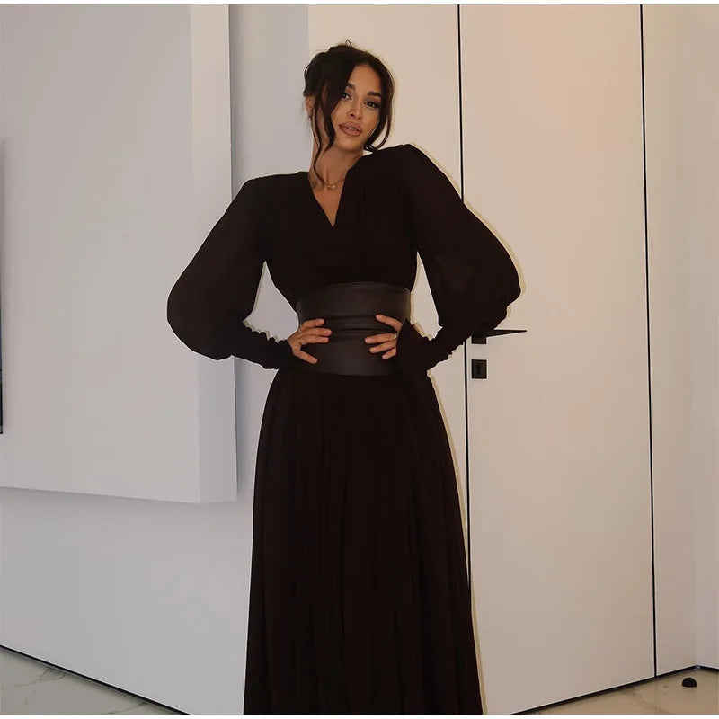 Vintage Nipped Waisted Long Sleeved A-line Dress Elegant V Neck Split Long Dresses 2024 Women Loose Vintage Party Long Dresses