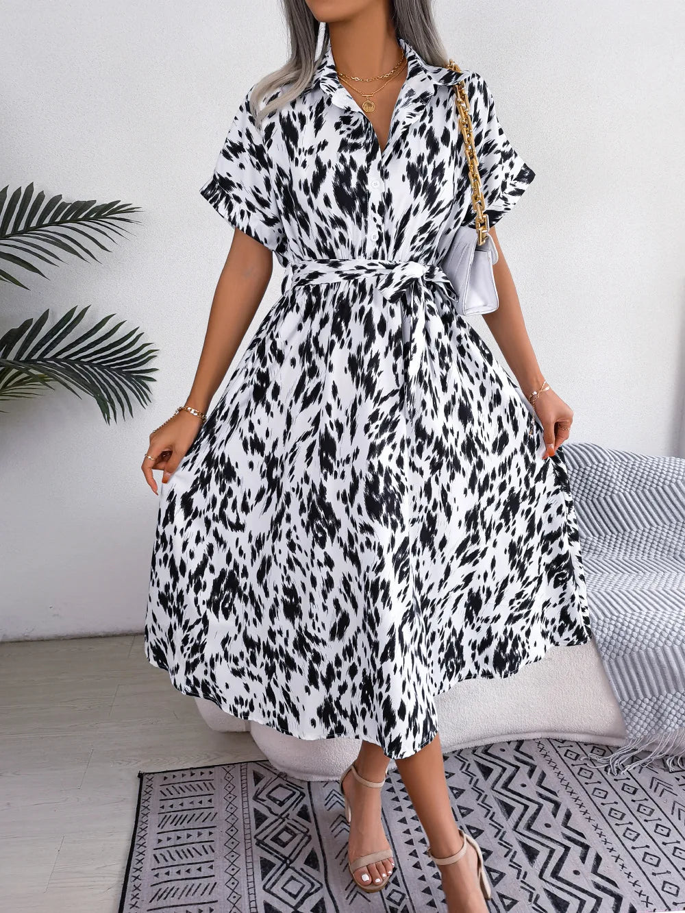 Ficusrong Women Summer Casual Loose Leopard Lace Up Shirt Dress For Ladies Fashion All Match Chic Dresses