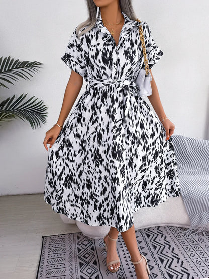 Ficusrong Women Summer Casual Loose Leopard Lace Up Shirt Dress For Ladies Fashion All Match Chic Dresses